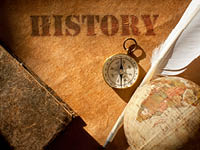 History text with compass, quill, book, and globe