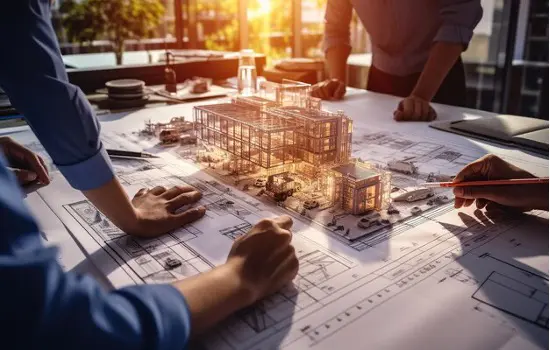 People gathered around a 3D blueprint