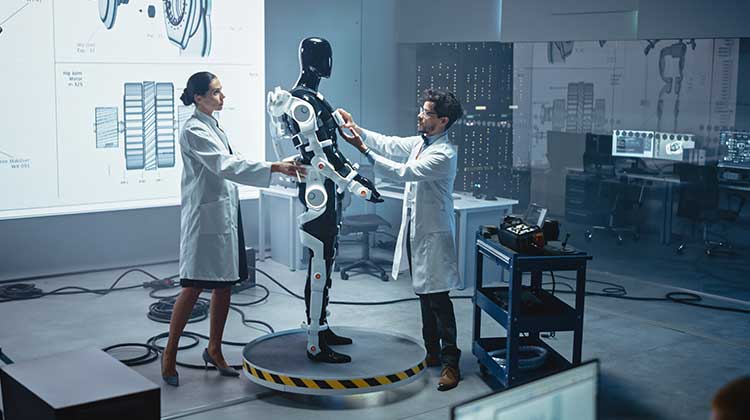 Two workers in lab coats examining an exoskeleton wearing manikin
