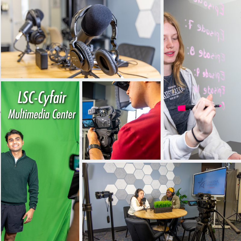 Image of Multimedia Center room with a podcast setup, two cameras, smart board, white board, and light board.