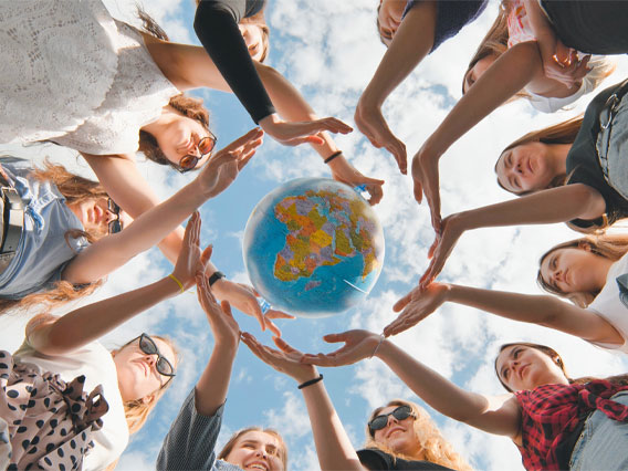 Students around a globe