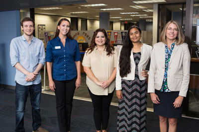 from left to right: Bryan Smelley, PT Specialist II;  Heidi Ewing, PT Advisor;  Maribel Zavala, PT Advisor;  Karen Trejo, full-time Staff Assistant I;  Amy Griffin, Director