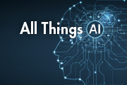Image of circuitry forming an outline of a human head with the words "All Things AI" against a navy blue background. AI appears in the center of the humans brain.