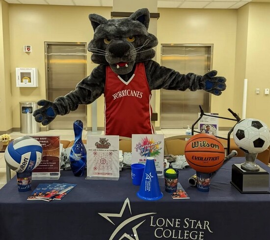 LSC-North Harris mascot, Cat 5, showcasing various sports.