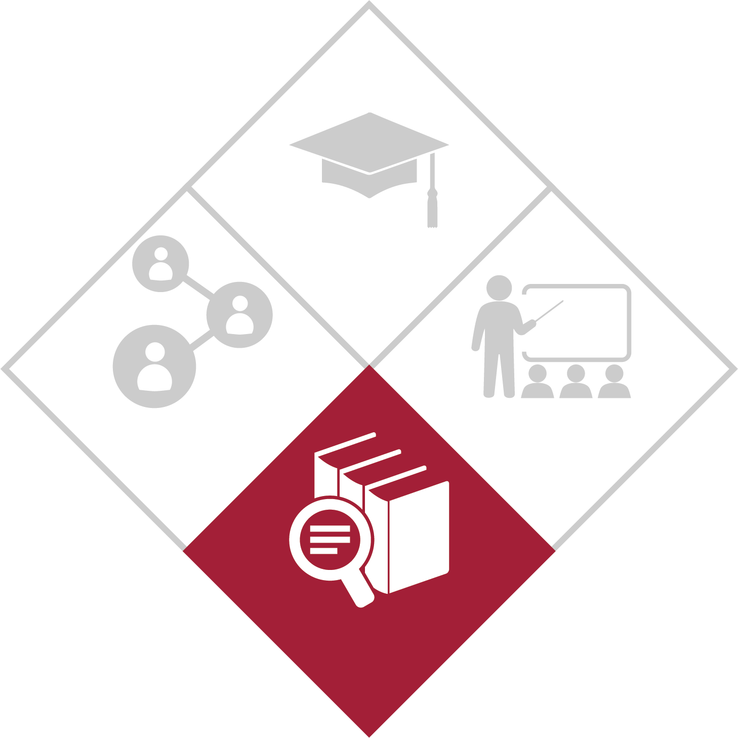 The image emphasizes the books and a magnifying glass inside a smaller diamond, representing the CONTENT EXPERT domain.