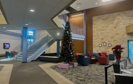 Building Lobby with Christmas Tree and Staircase