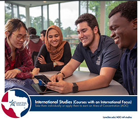 Four international students looking at phone screen with LSC logo and text 'International Studies (Courses with an International Focus) Take them individually or apply them to earn an Area of Concentration (AOC)'