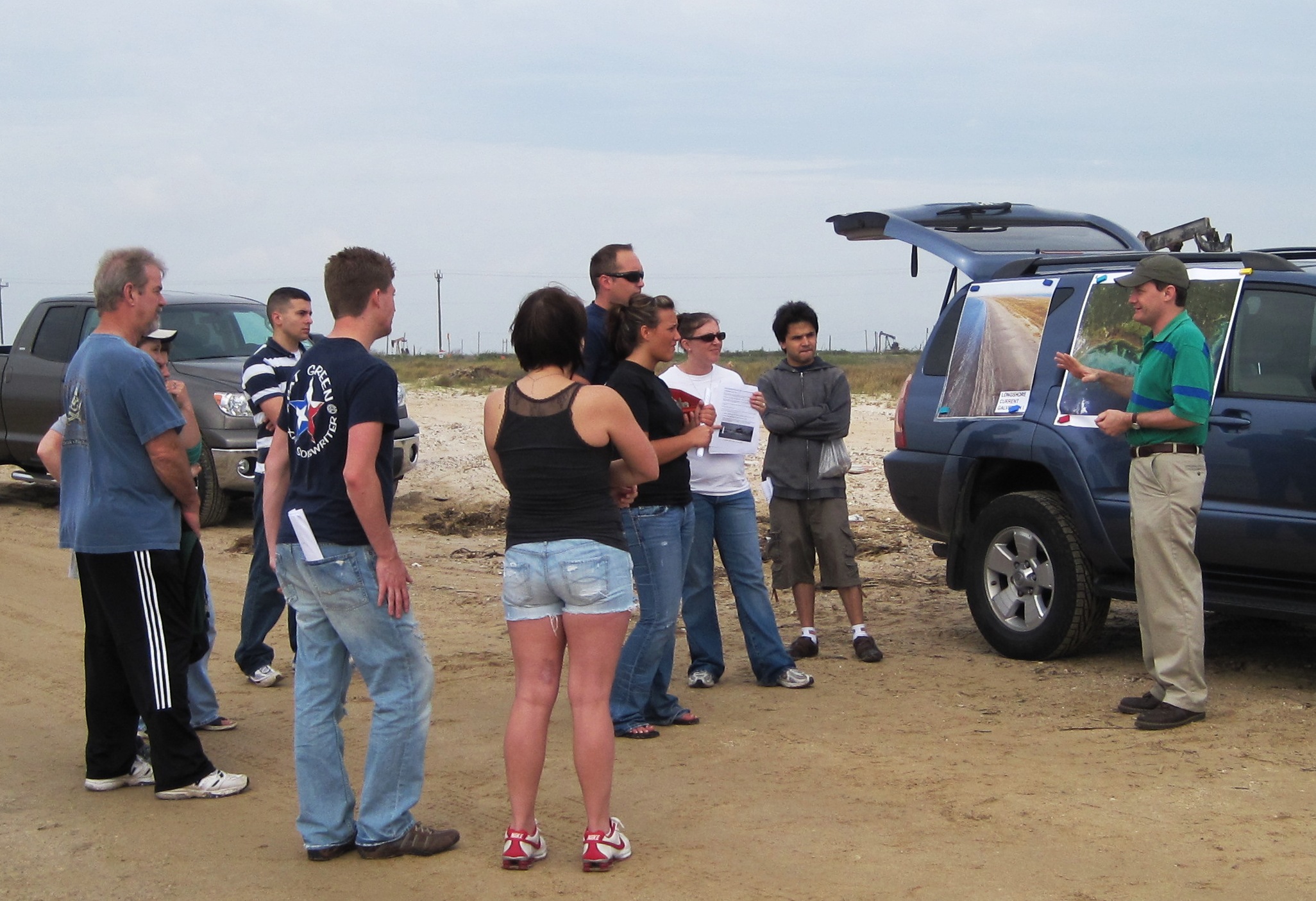 Richard Ashmore, geology instructor at LSC-Montgomery, discusses the impacts of Hurricane Ike with students during a recent oceanography field trip to Galveston Bay. This fall, LSC-Montgomery will offer an oceanography course for students.