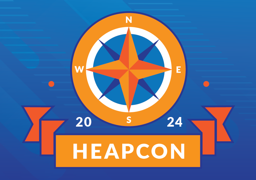 A brightly-colored logo of an orange compass with a blue background above a ribbon that reads "2024 HEAPCON"