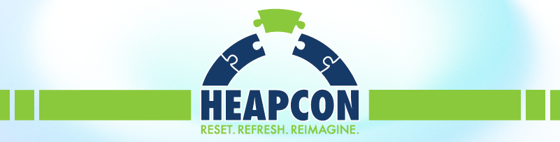 Conference banner for HEAPCON showing a blue and green stylized arch made of puzzle pieces above the event name in bold blue letters. Beneath the name is the slogan �Reset. Refresh. Reimagine.� The background is a soft light gradient with green horizontal accent bars along the top and bottom.