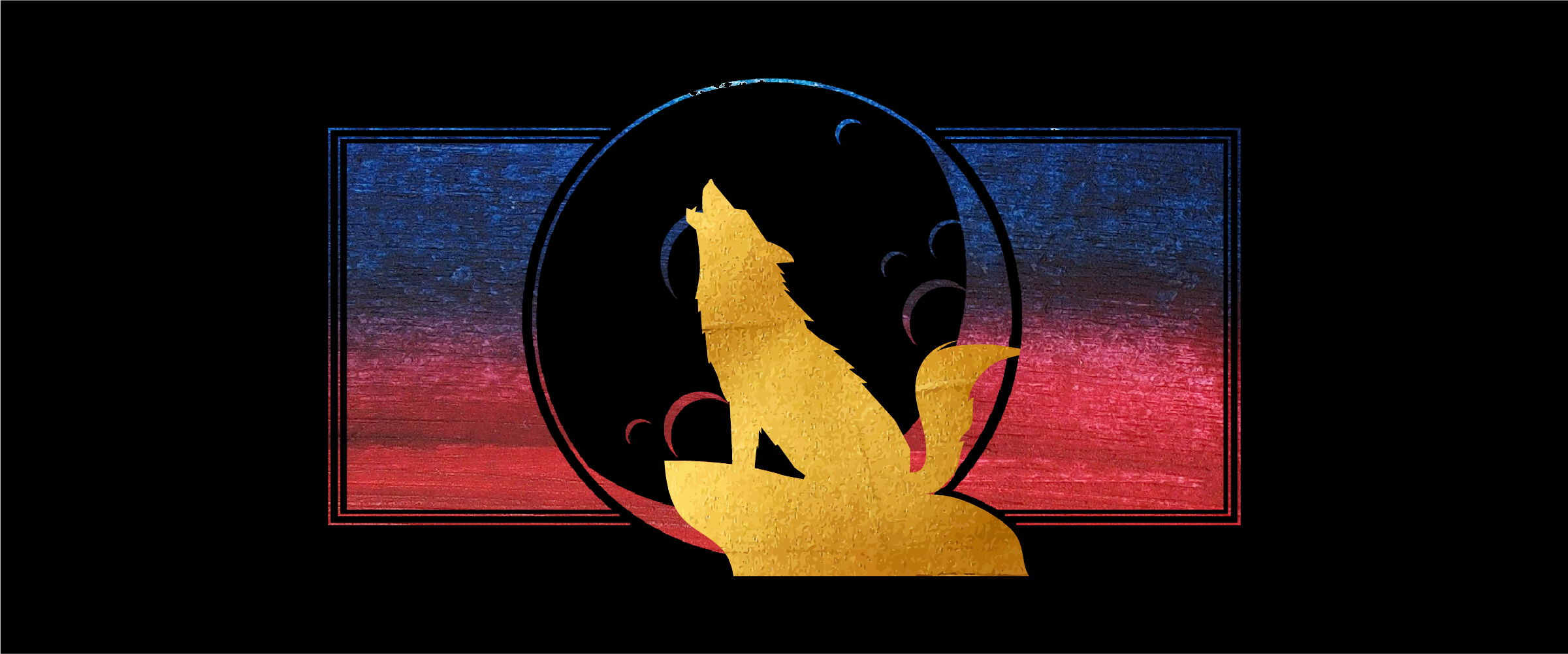 An image of a howling wolf with blue and red gradient colors inside a black rectangle.
