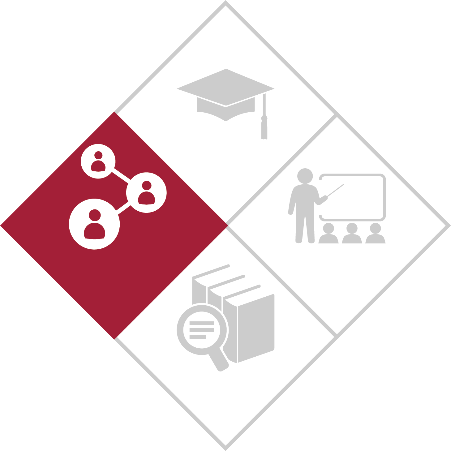 The image emphasizes the network of people inside a smaller diamond, representing the INSTITUTIONALLY DEDICATED domain.