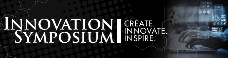 An image of hands typing on a laptop keyboard with tech-savvy symbols and the words "Innovation Symposium | Create. Innovate. Inspire." on the left side.
