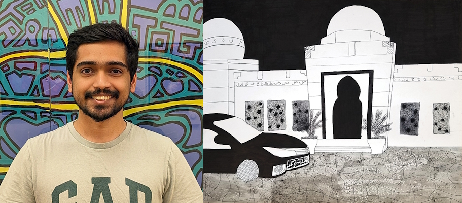 Photo of Muhammad Usman Khan and photo of his artwork