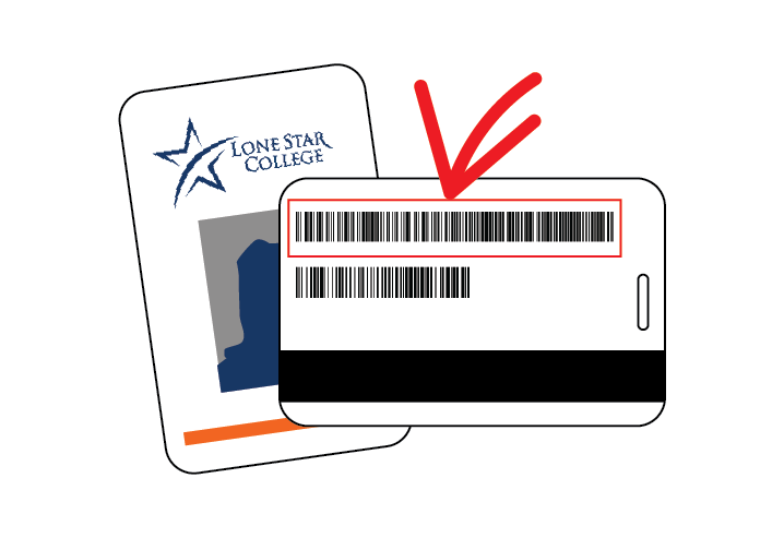 An image of the Lone Star College employee badge with the backside displayed that highlights a designated area of the library bar code.