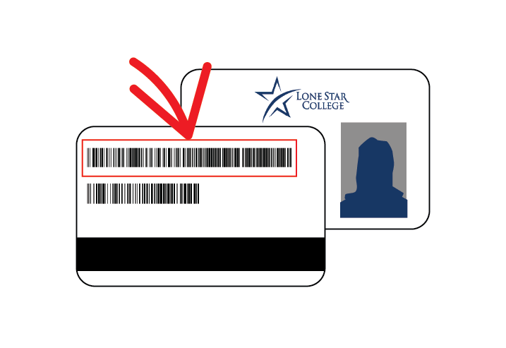 An image of the Lone Star College student ID card with the backside displayed that highlights a designated area of the library bar code.