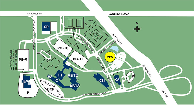 Map of the Lone Star College-University Park campus with the VPA highlighted in yello