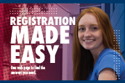 Text overlay on the left side reads: "Registration Made Easy" - Photo of a smiling student in a t-shirt looking toward you appears on the right side in the foreground. Imagery of a college campus building entrance appears in the background.