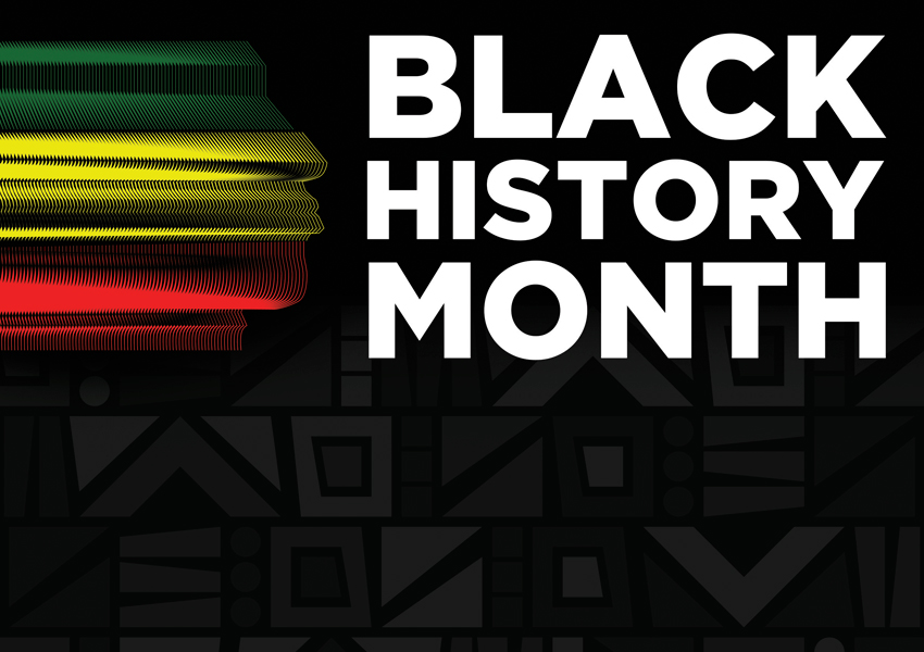 Words Black History Month on Black Background with Colored Ribbons on Left