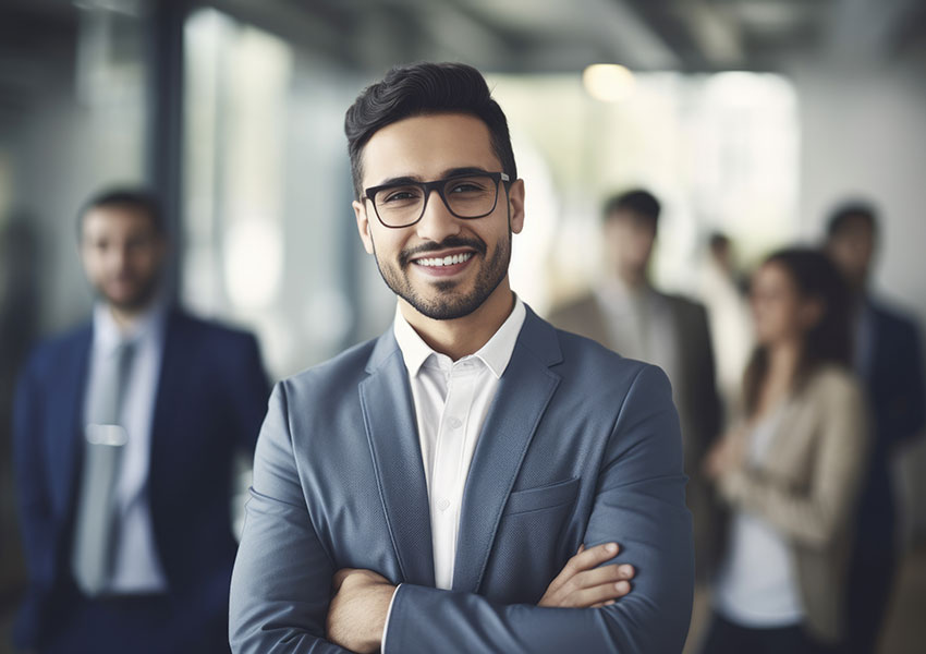 Businessman Smiling in front of business co-workers