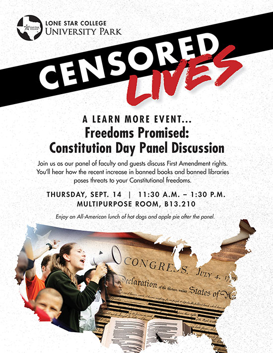 The event flyer for “Freedoms Promised,” detailing date, time and location.