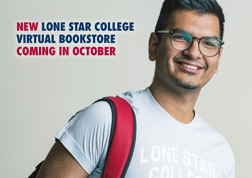 Smiling Student with text 'New Lone Star College Virtual Bookstore Coming in October'