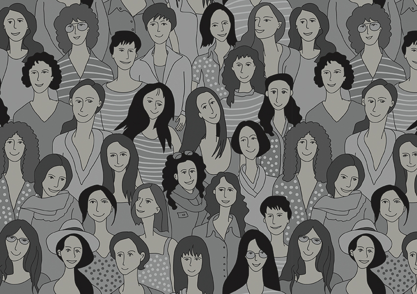 Drawing of Many Women in a Crowd