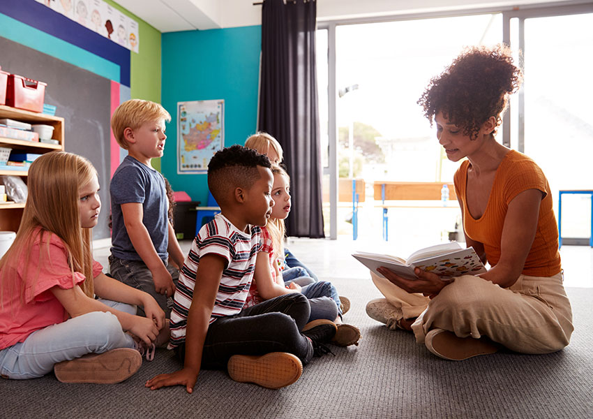 Group Of Elementary School Pupils Sitting On Floor Listening To Female Teacher Read Story