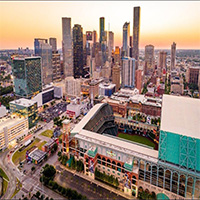 Houston skyline with Minute Maid Park baseball park  in the front of the picture