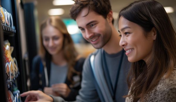 Students smiling at vending machine