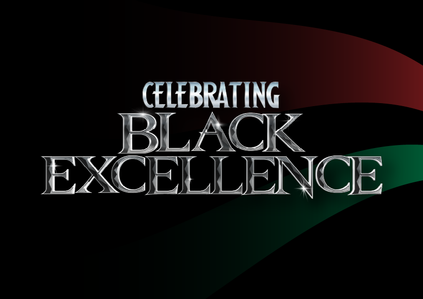 Title saying "Celebrating Black Excellence" in front of shadowy Pan African flag colors against black background.