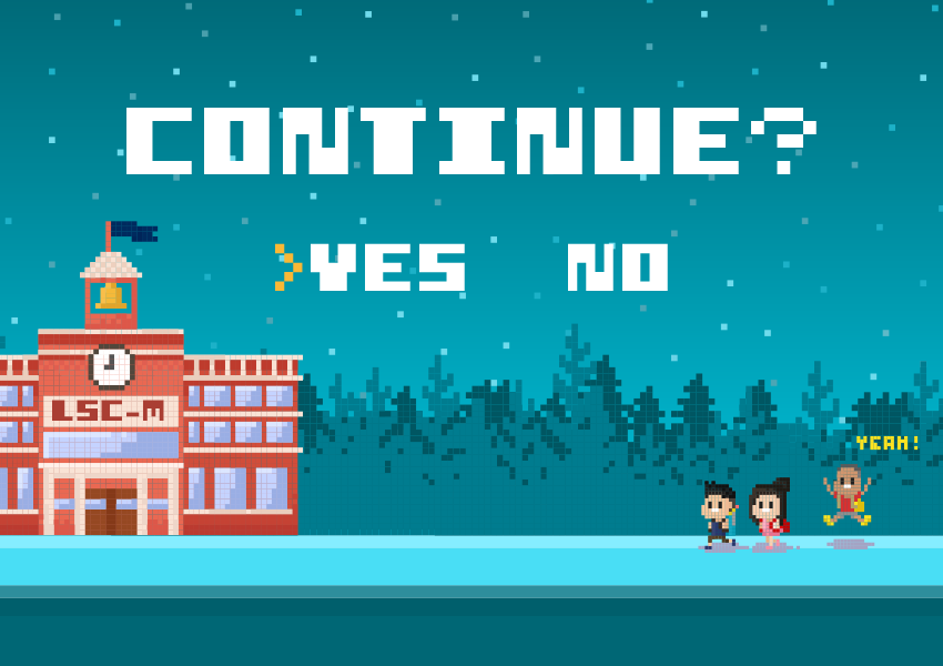 8-bit gaming landscape scene with school and students. Ask if you will continue with options yes or now and yes is selected.
