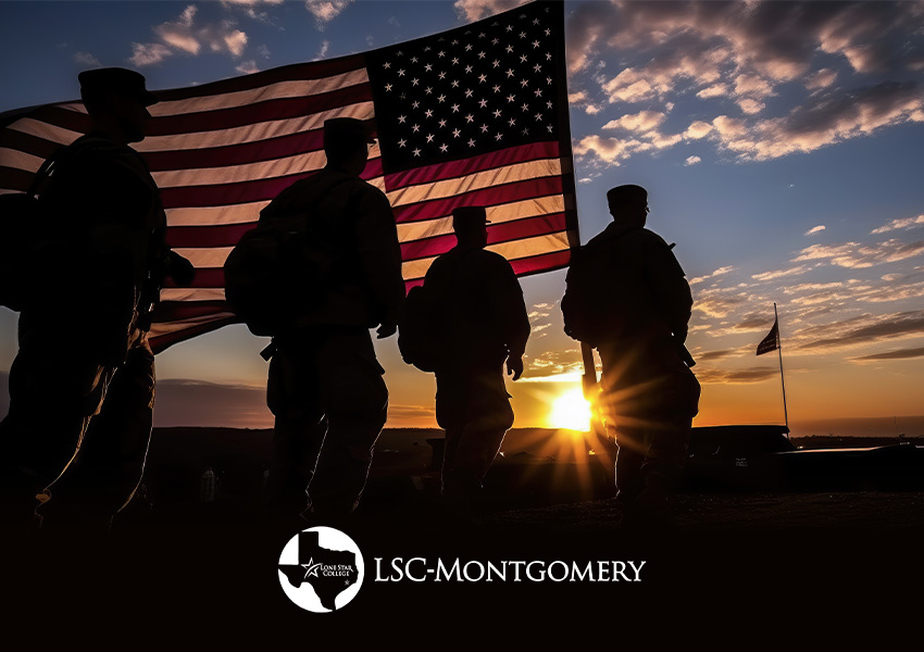 soldier silhouettes walking by american flag