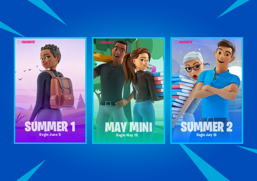 3D student images, young black female with backpack, young black male holding large pencil, young hispanic female with books, older white female with books, and male with font describing summer 1, may mini, summer 2