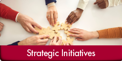 Strategic Initiatives (Photo of six hands reaching into the middle to assemble a puzzle. "Strategic Initiatives" appears in a red bar along the bottom of the image.)