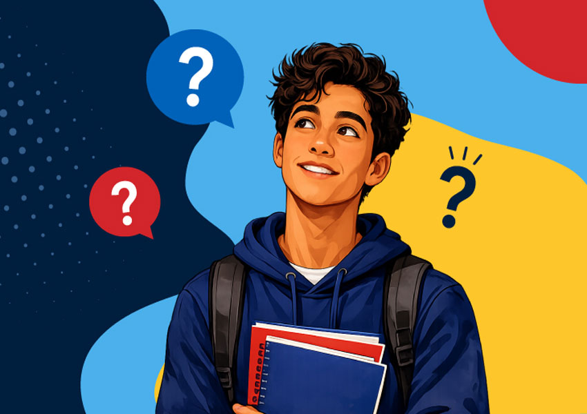 Male student with question marks graphics. Raise Your Hand
