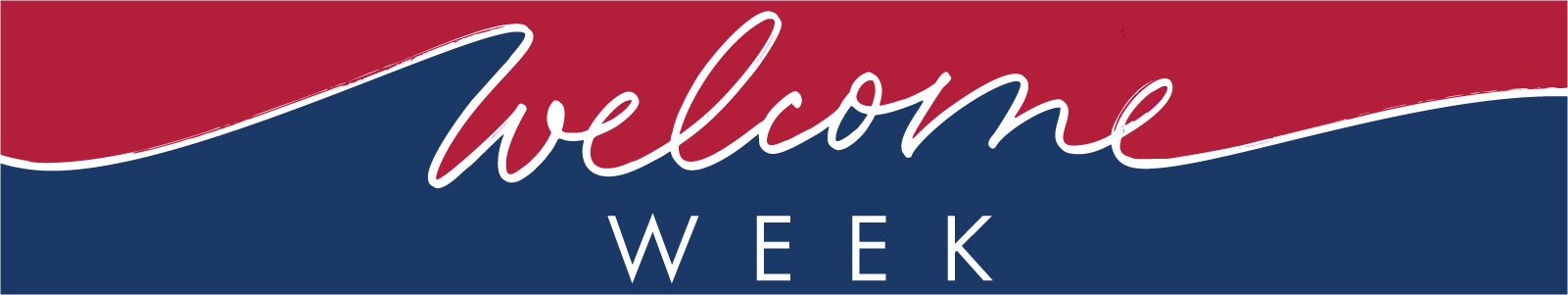A banner image with a cursive text design reads Welcome WEEK inside a rectangular shape divided into top and bottom sections, in which the top is red and the bottom is blue.