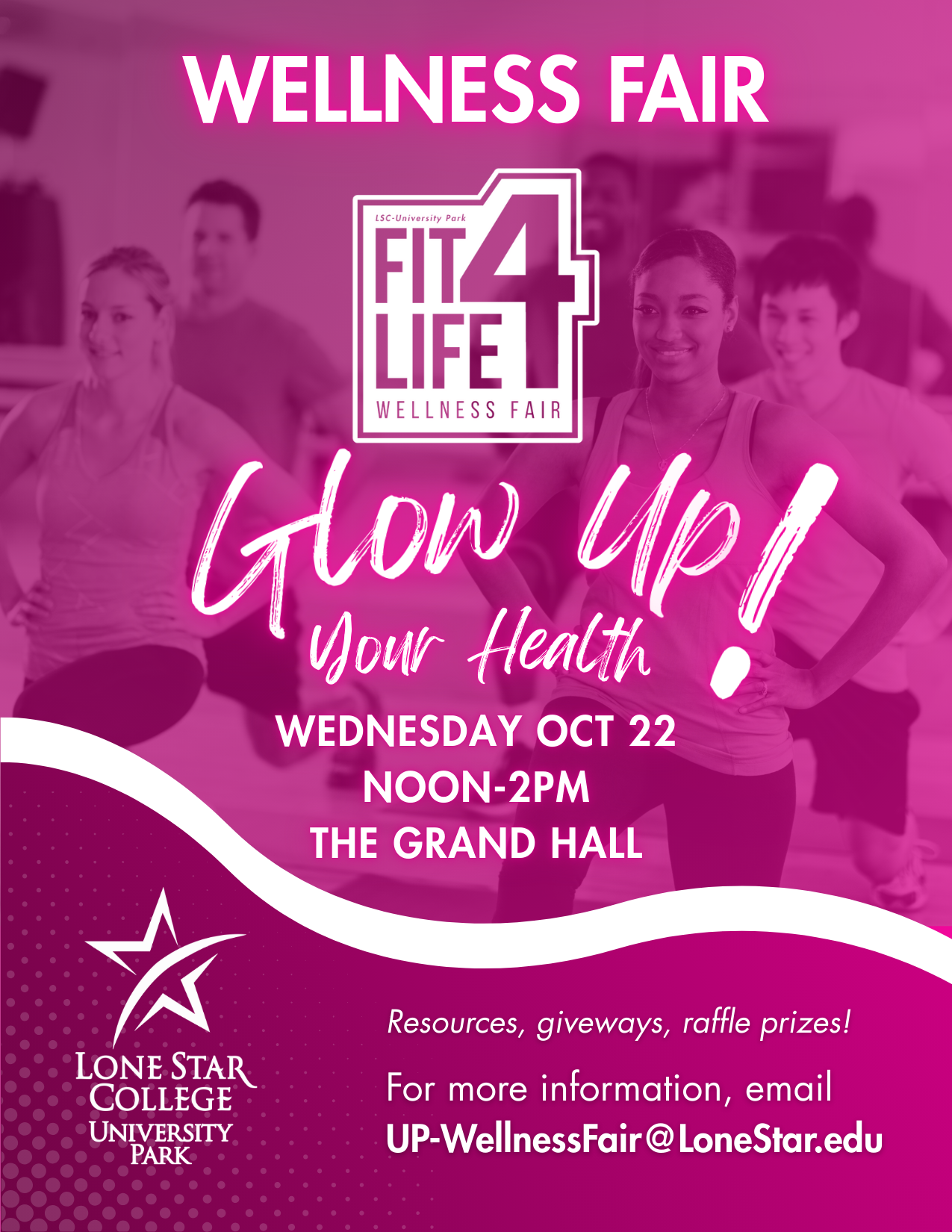 Flyer for Wellness Fair Fit4Life October 22, 2025 from 12-2PM in the Grand Hall at Lone Star College University Park.
