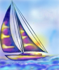 Drawing of a sailboat with colorful sails.