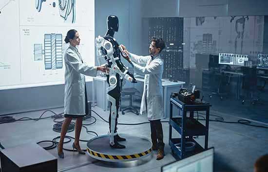 Two people inspecting prosthetics on a model