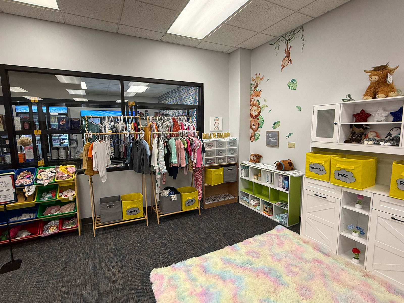 Wide view of the Be A Resource (Be.A.R.) Shop. Around a colorful rug in the center of the room are several shelves with children's clothes, toys, and books.
