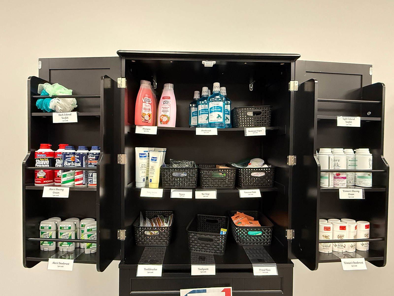 A view of storage shelves stocked with hygienic products.