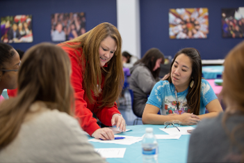 Leader helping students at leadership retreat