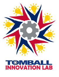 A logo image consists of repeated light bulbs atop shapes resembling a human body inside a circle. In the center of the circle, there is a gear. The text at the bottom reads Tomball Innovation Lab.