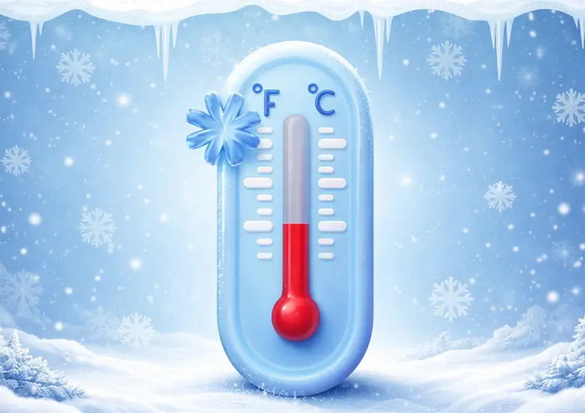 Graphic of a thermostat with a snoflake on top of a snowy icy background